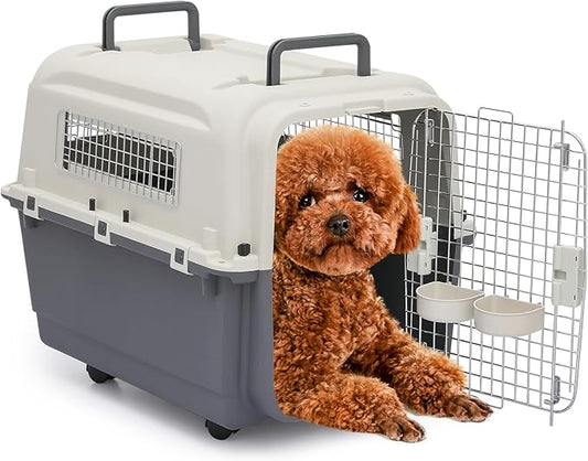 MoNiBloom 32-Inch Plastic Carrier on Wheels for Small/Medium Dogs and Cats, Multifunction Hard Cat Carrier Dog Kennel Ventilation and Security Lock Design for Pets up to 30 Pounds