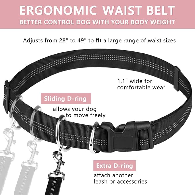 Hands Free Dog Leash Bungee Retractable Dog Running Waist Leash for Running Walking Jogging Training Hiking with Medium to Large Dogs, Adjustable Waist Belt Pouchouch, Reflective Stitches, Dual Handle