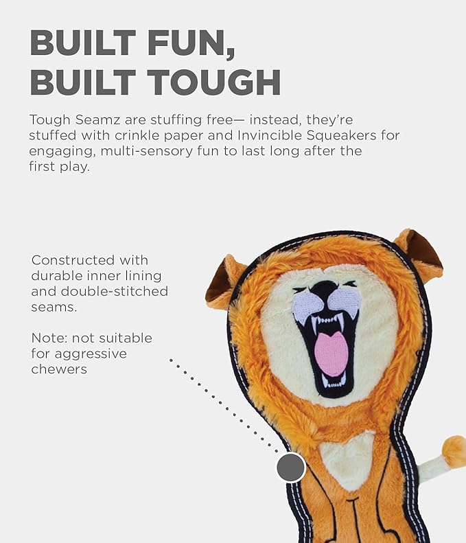 Outward Hound Tough Seamz Lion Plush Dog Toy, Medium