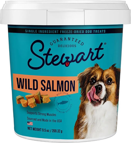 Stewart Freeze Dried Dog Treats, Wild Salmon, 9.5 oz Grain Free & Gluten Free, Resealable Tub, Single Ingredient, training treat in Beef Liver, Salmon, Chicken Liver & Chicken Breast 4, 14, 21 oz