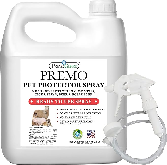Pet Protector by Premo Guard 128 oz – 100% Effective Mite, Flea, Tick, & Mosquito Spray for Dogs, Cats, and Pets – Best Natural Protection for Control, Prevention, & Treatment