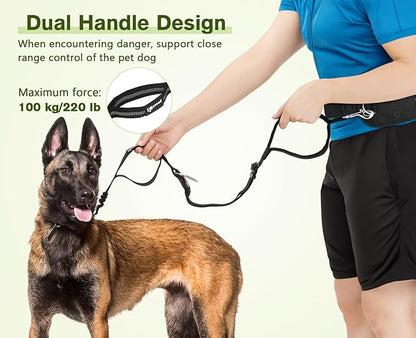 Pecute Hands Free Dog Leash with Pouch, Waist Belt Fanny Pack with Soft Pads, Dual Padded Handles and Durable Bungee for Walking, Hiking, Jogging Biking, and Running (Up to 220lbs) Black