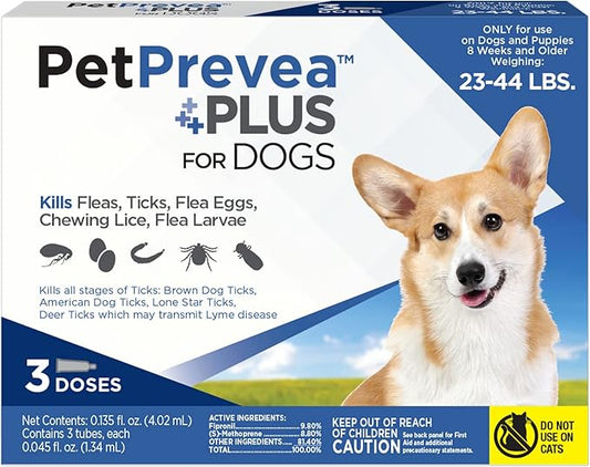 Plus for Dogs | Kills Fleas, Ticks, Flea Eggs, Chewing Lice, Flea Larvae | Convenient & Easy to Apply | Fast-Acting & Long-Lasting | for Dogs 23 to 44 lbs - 3 Doses