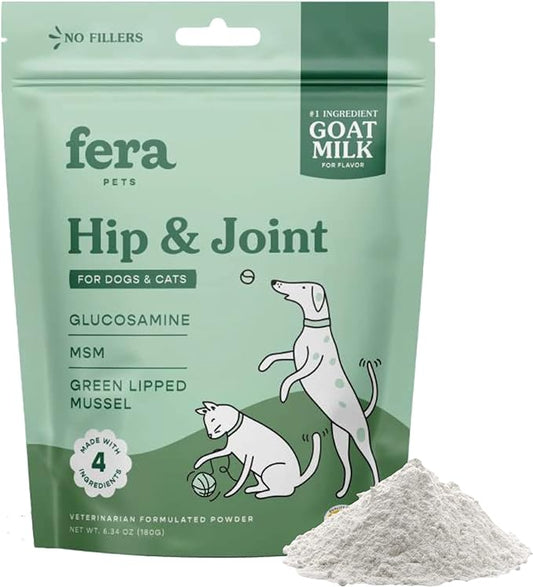 Fera Pets Hip & Joint Goat Milk Cat & Dog Food Topper – Vet Created - Joint Supplement for Dogs & Cats – Glucosamine for Dogs & Cats, MSM- 60 Servings