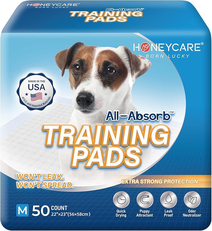 Honey Care All-Absorb Puppy Training Pads Made in The USA! Ultra Absorbent and Odor Eliminating, Leak-Proof 5-Layer Potty Training Pads 22"x23" with Quick-Dry Surface