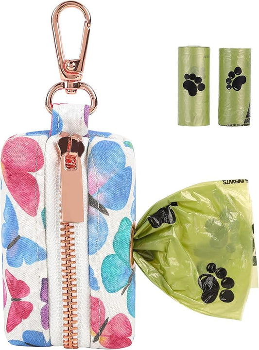ARING PET Dog Waste Bag Dispenser, Cotton Doggy Poop Bags Holders Attach to Any Leashes, Portable Washable Butterfly Pattern Pet Waste Pouch Dispenser with Metal Zipper