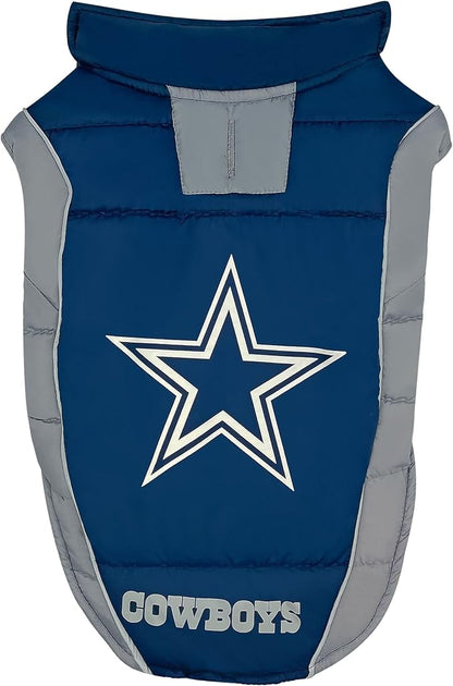 NFL Dallas Cowboys Puffer Vest for Dogs & Cats, Size Small. Warm, Cozy, and Waterproof Dog Coat, for Small and Large Dogs/Cats. Best NFL Licensed PET Warming Sports Jacket