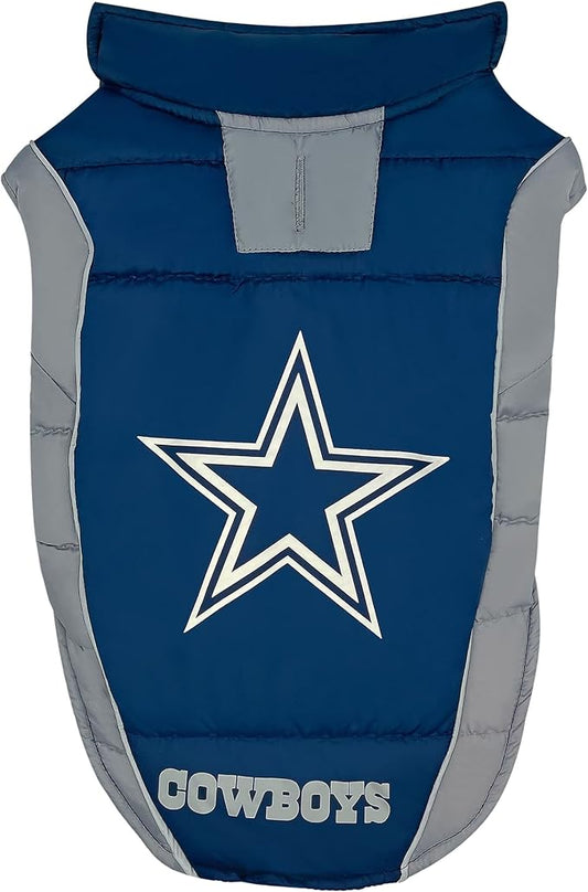 NFL Dallas Cowboys Puffer Vest for Dogs & Cats, Size Small. Warm, Cozy, and Waterproof Dog Coat, for Small and Large Dogs/Cats. Best NFL Licensed PET Warming Sports Jacket