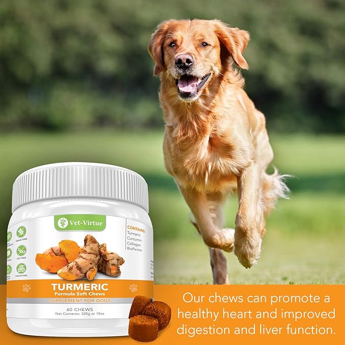 Turmeric for Dogs - Organic Turmeric with Curcumin, Hip and Joint Supplement Dogs Soft Chew, with Collagen and Bioprene, High Absorption Eliminates Joint Pain Inflammation - 60 Count