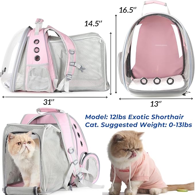 LOLLIMEOW Pet Carrier Backpack, Bubble Backpack Carrier, Cats and Puppies,Airline-Approved, Designed for Travel, Hiking, Walking & Outdoor Use (Dual Expandable-Pink)