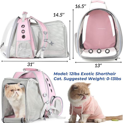LOLLIMEOW Pet Carrier Backpack, Bubble Backpack Carrier, Cats and Puppies,Airline-Approved, Designed for Travel, Hiking, Walking & Outdoor Use (Dual Expandable-Pink)