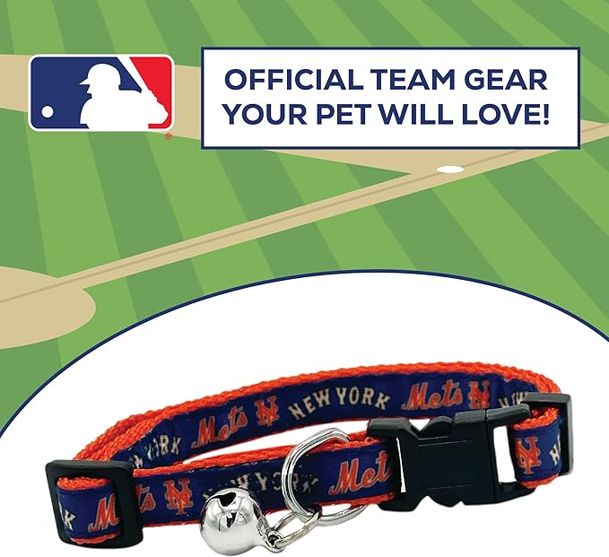 MLB CAT Collar New York Mets Satin Cat Collar Baseball Team Collar for Dogs & Cats. A Shiny & Colorful Cat Collar with Ringing Bell Pendant