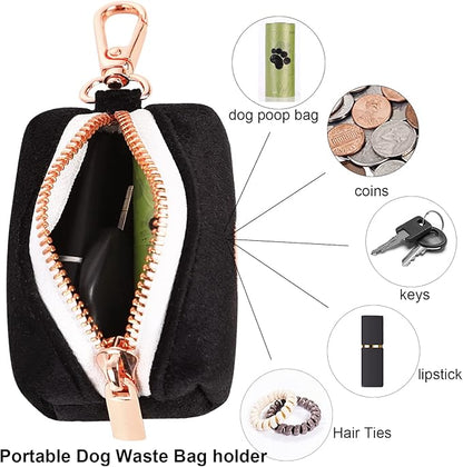 ARING PET Dog Waste Bag Dispenser, Soft Black Doggy Poop Bags Holders Attach to Any Leashes, Velvet Portable Washable Pet Waste Pouch Dispenser with Metal Zipper