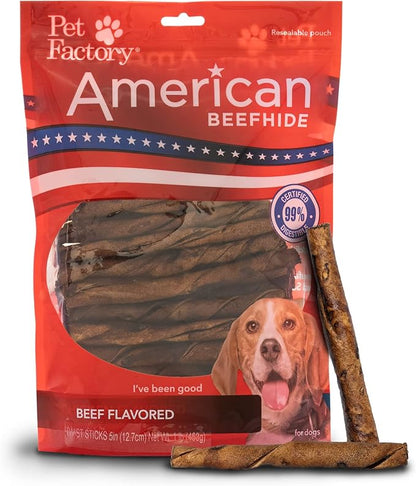 Pet Factory American Beefhide 5" Twist Sticks Dog Chew Treats - Beef Flavor, 1 lb