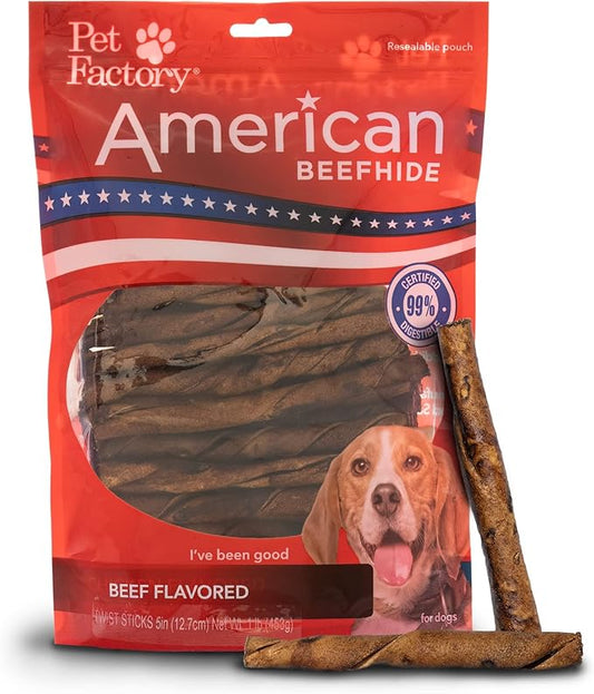 Pet Factory American Beefhide 5" Twist Sticks Dog Chew Treats - Beef Flavor, 1 lb