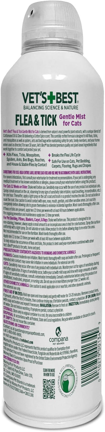 Vet’s Best Flea and Tick Gentle Mist for Cats – Cotton Spice Scent – Plant-Powered Flea and Tick Prevention – Pest Protection for Pets – Gentle Spray – 6.3oz