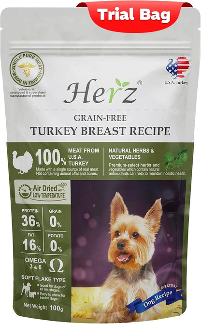 Herz Air-Dried Dog Food – U.S.A Turkey Breast Recipe, Single Pure-Meat, Grain Free, All Natural, High Protein, Limited Ingredients 3.5 oz Trial Bag