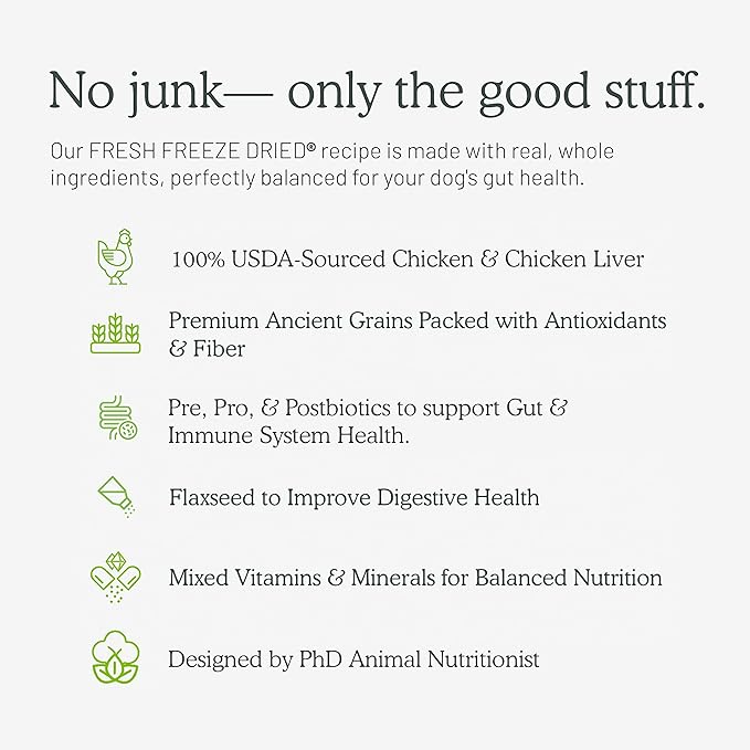 Gut Health Fresh Freeze Dried Raw Meal, Chicken Recipe, 16 Ounce Bag, Dog Food for Dogs of All Breeds and Life Stages, Made in USA