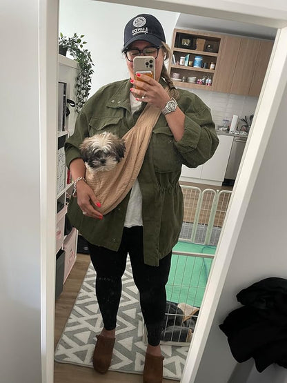 NATUYA Small Dog Carrier Sling for Small Dogs Puppy Cat - Big Pouch Safety Leash Pet Sling Carrier for Walking Outdoor Travel (Brown Long Strap, Canvas)