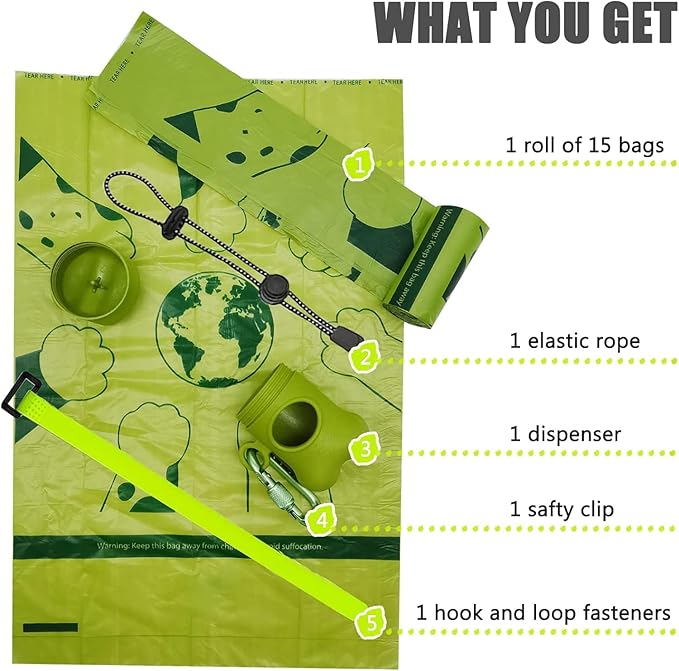 Bag Dispenser Dog Poop Bags Holder Dog Waste Bags Dispenser with Leak-Proof Green Poop Bags for Leash On The Go for Walking Dogs Outdoor(1 Holder 15 Bags，Grass Green)