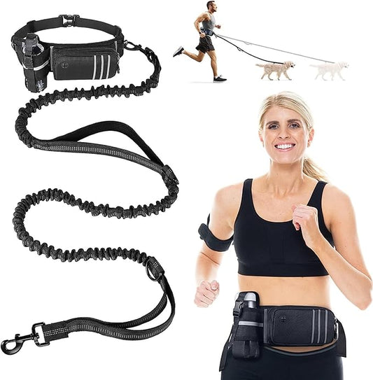 Hands Free Dog Leash with Updated Zipper Pouch, Waist Leash for Medium and Large Dogs Walking, Dual-Handle Reflective Waist Belt Dog Leash for Running Walking Jogging Hiking (25-120 lbs)