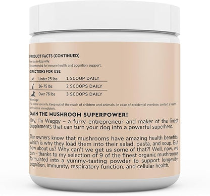 Immune Support Mushroom Powder for Dogs – Organic Mushroom Complex for Immunity, Cognition, Cellular Health, Longevity - With Turkey Tail Mushroom for Dogs, Reishi & Lions Mane – 90 Scoops