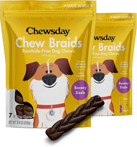5-Inch Dog Chew Braids, Made in The USA, All Natural Rawhide-Free Highly-Digestible Treats, Bacony Sizzle - 14 Count