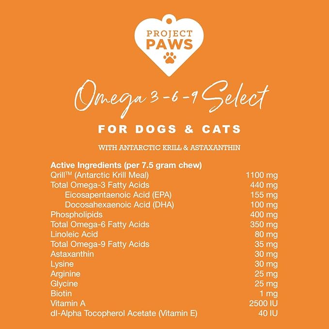 Project Paws Omega 3-6-9 Select Fish Oil for Dogs - Krill Oil Skin and Coat Supplement - 60 Count