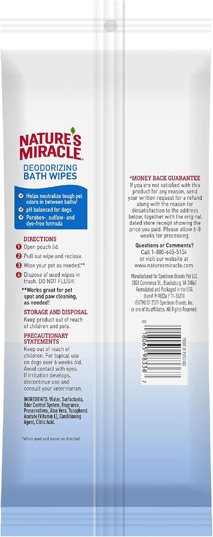 Nature's Miracle Deodorizing Bath Wipes for Dogs, 25 Count, Clean Breeze Scent