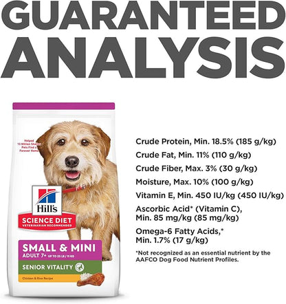 Hill's Science Diet Senior Vitality, Senior Adult 7+, Small & Mini Breeds Senior Premium Nutrition, Dry Dog Food, Chicken & Rice, 3.5 lb Bag