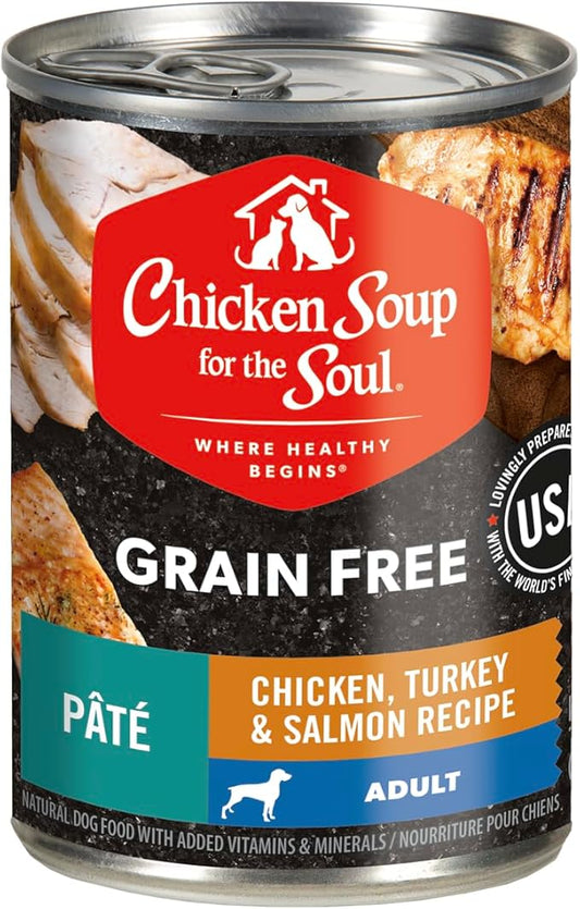 Chicken Soup for the Soul Pet Food Grain-Free Wet All Stages Dog Food, Chicken, Turkey & Salmon Pate, 13 Ounce Can (Pack of 12) Soy, Corn & Wheat Free, No Artificial Flavors or Preservatives