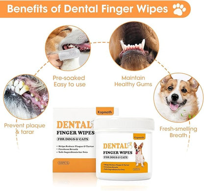 Teeth Cleaning Finger Wipes, Dog Dental Wipes, Reduce Plaque & Tartar, Freshen Breath, Safe & Natural Pet Dental Wipes for Dogs Teeth, Portable Dog Tooth Wipes for Cats,100 Ct,Unscented
