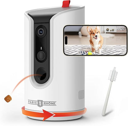 PARIS RHÔNE 2K Pet Camera, 360°View Dog Camera with Treat Dispensing, 5G WiFi Pets Monitoring with Smart Phone APP, Barking Detection and Motion Alerts, Two-Way Audio, Infrared Night Vision