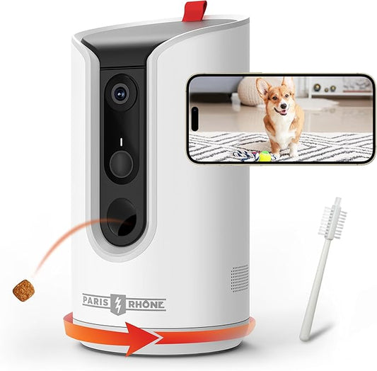 PARIS RHÔNE 2K Pet Camera, 360°View Dog Camera with Treat Dispensing, 5G WiFi Pets Monitoring with Smart Phone APP, Barking Detection and Motion Alerts, Two-Way Audio, Infrared Night Vision