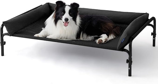 Bedsure Elevated Raised Outdoor Dog Bed - Cooling Dog Cot Bed with Bolster for Large Dog, Lifted Pet Bed with Durable Breathable Teslin Mesh, Dog Hammock Bed with Non-Slip Feet, Black, 42 inches