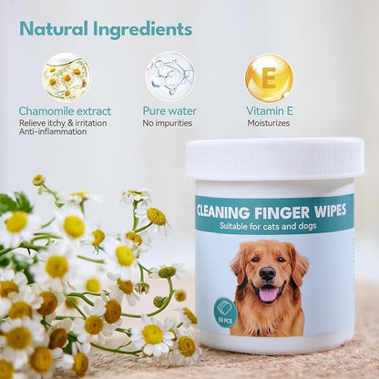 Natural Ear Wipes Finger for Dogs & Cats Comfy Finger Design | Clean Ear Wax, Debris & Dirt Gently | 50 Count Pack