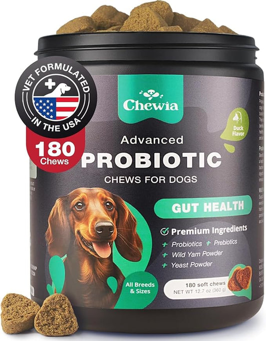 Canine Probiotic Chewables - Gut Health with Probiotics, Prebiotics, Yeast Powder - Vet Formulated for All Dog Breeds & Sizes
