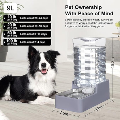 Sfozstra 9L Upgraded Dog Water Bowl Dispenser, Stainless Steel Bowl, Automatic Gravity Cat Water Dispenser, BPA-Free, Large Capacity Water Dispenser with Two Caps and Filters (Light Gray,9L+)