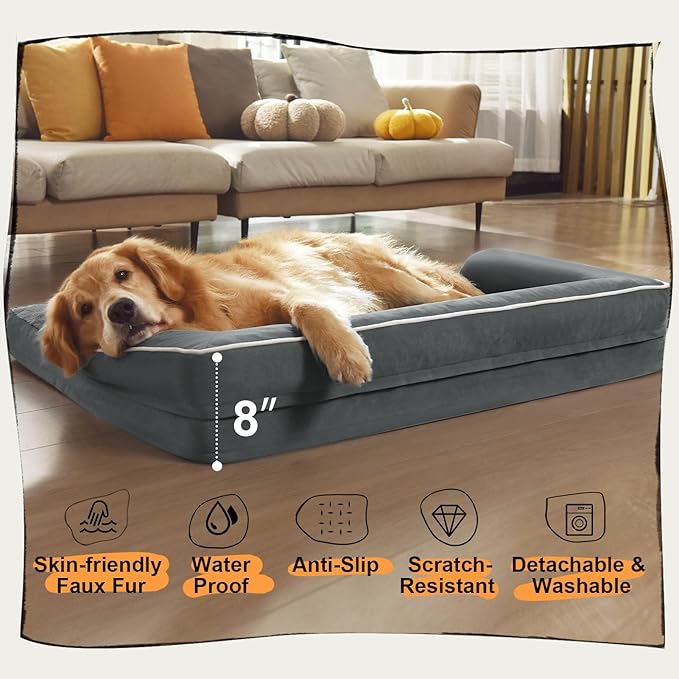 Large Dog Bed Orthopedic Washable: Dog Bed with Waterproof Cover and Removable Bolster, Egg Foam Couch Sofa for Medium XXXlarge Dogs