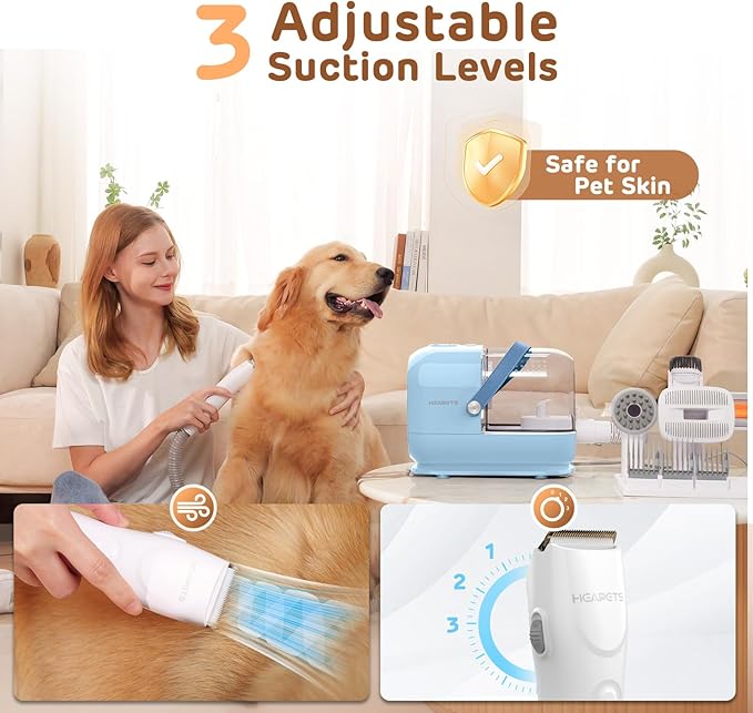 Dog Grooming Vacuum Kit, 3L Pet Grooming Vacuum with 7 Pet Grooming Tools, Dog Vacuum for Shedding Grooming at Home with Low Noise Electric Clipper and Brush, Blue