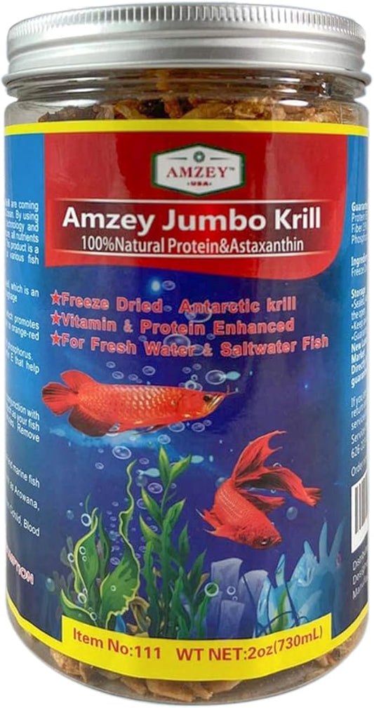 Amzey Freeze Jumbo Krill 2 oz(57 Grams) Jar, Dired Jumbo Shrimp Provide Essential Omega-3, Vitamin Enhancement. Super Food for Pets, Cat Food, Dog Food, Fresh and Salt Water Fish