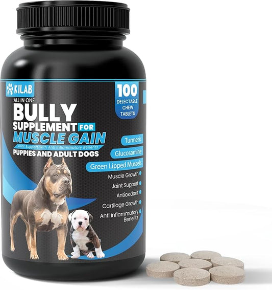 Dog Weight Gainer – 100-Count Muscle Builder Dog Supplement – Muscle Growth Supplement for Dogs, Puppies and Adults – Bully Growth Formula with Turmeric, Glucosamine, Green Lipped Mussels