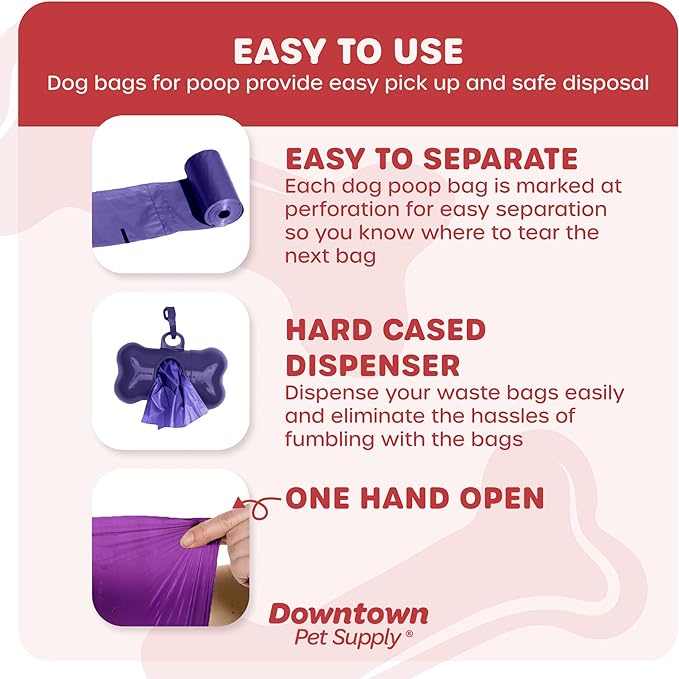 Downtown Pet Supply 960 Count Dog Poop Bags Refills with Leash Clip and Bone Bag Dispenser, Purple - Dog Waste Bags Unscented and Leak-Proof with Dog Poop Bag Dispenser - 12.5 x 8.5"