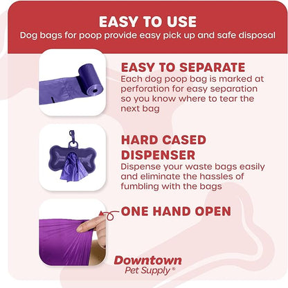 Downtown Pet Supply 960 Count Dog Poop Bags Refills with Leash Clip and Bone Bag Dispenser, Purple - Dog Waste Bags Unscented and Leak-Proof with Dog Poop Bag Dispenser - 12.5 x 8.5"