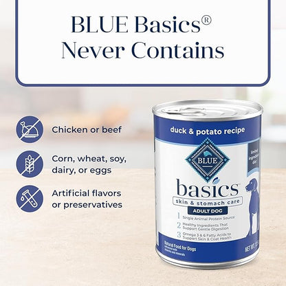 Blue Buffalo Basics Adult Grain-Free Wet Dog Food for Skin & Stomach Care, Limited Ingredient Diet, Duck & Potato Recipe, 12.5-oz. Cans (12 Count)