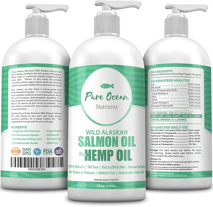 Wild Alaskan Salmon Fish & Hemp Seed Oil for Dogs 16 oz; Natural Liquid Supplement with Omega 3's Support Joint, Heart, and Immune Health; Essential Fatty Acids Promote a Shiny Coat and Healthy Skin
