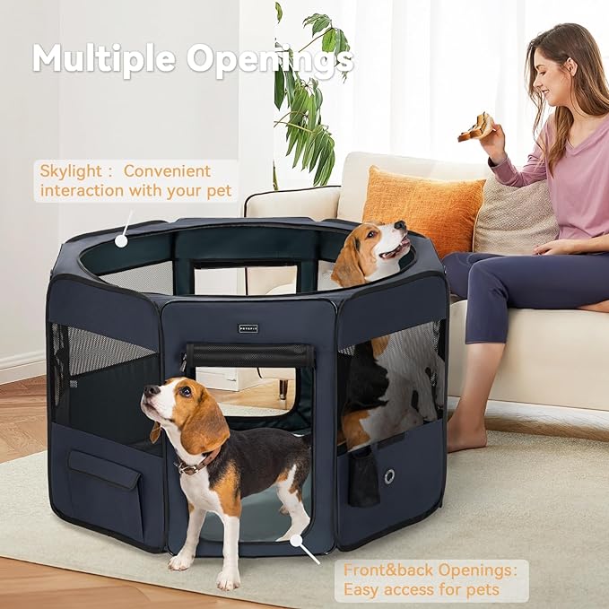 PETSFIT Dog Playpen, 45.5" Sturdy Pop Up Dog Kennel Foldable Dog Pen Indoor Outdoor Puppy Playpen for Medium Dogs Cats with Traveling Bag Zipper Sealed Removable Mesh Top Leakproof Bottom Mat Blue L