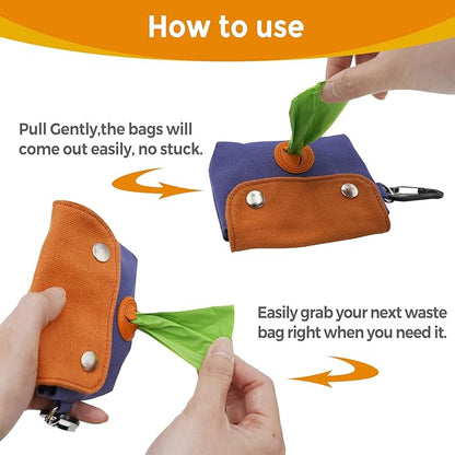 Dog Poop Bag Holder, Portable Dog Poop Bag Dispenser with 1 Metal Clip, Orange Button Canvas Poop Pag Polders for Leashes