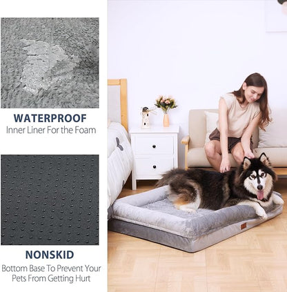 Large Dog Bed, Grey Orthopedic Dog Bed, Waterproof Dog Bed with Removable Cover, 4-Sides Removable Bolster Dog Soft Sofa Bed with Nonskid Bottom, Washable Dog Beds for Large Dogs