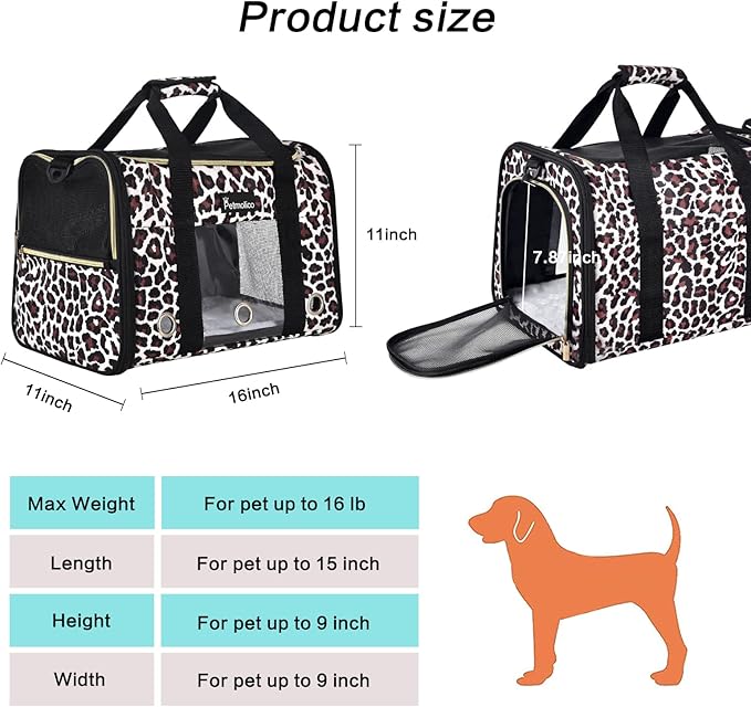 Petmolico Cat Carrier Dog Carrier, Airline Approved Soft Pet Travel Carrier with 3 Open Doors Mesh Windows for Cats Puppy 16 lbs, Leopard